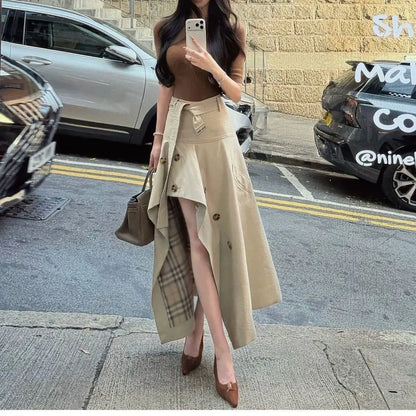 High-end British-style Design High-waisted Asymmetrical Large Size Skirt Plaid A-line Umbrella Skirt