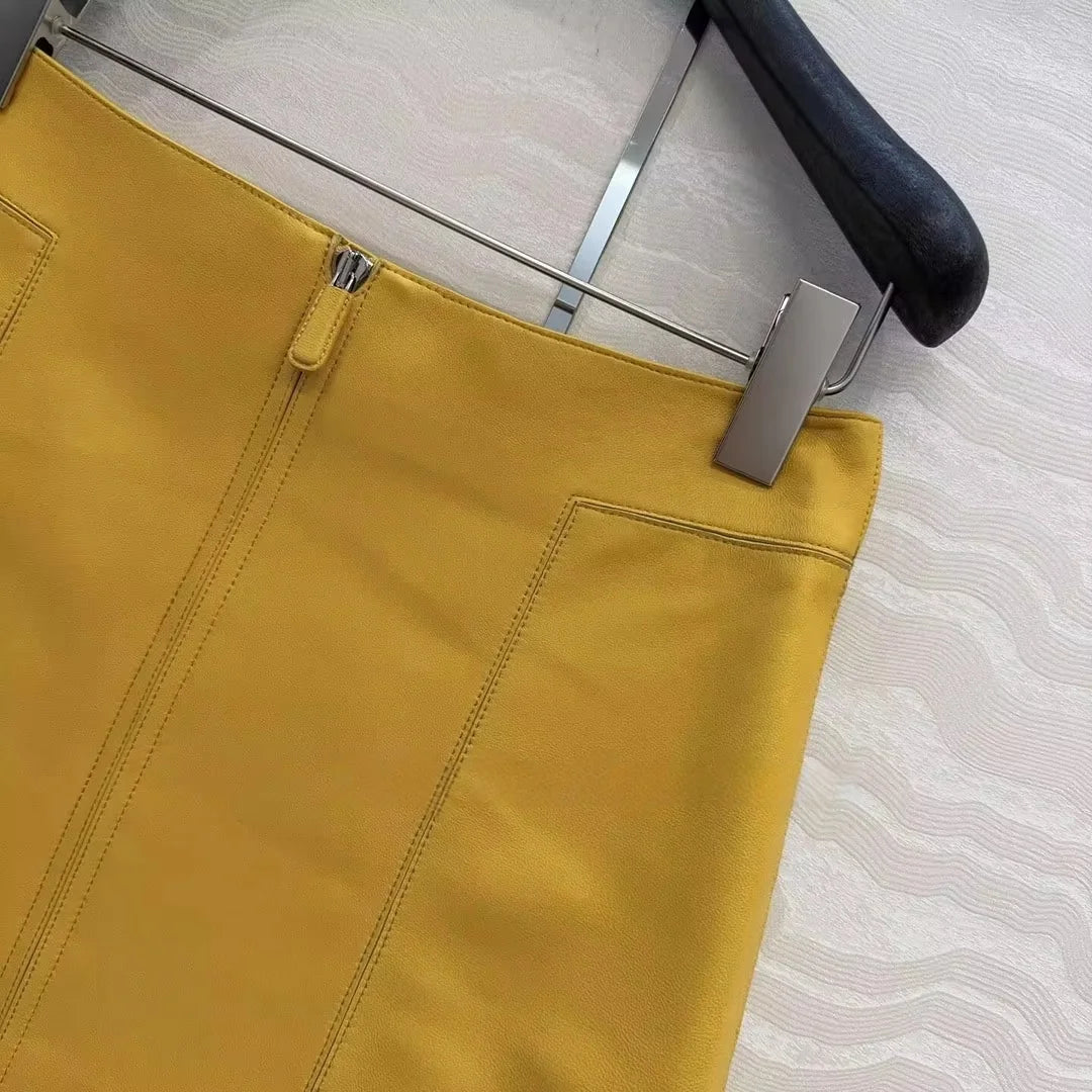 Women's High Waist Sheepskin Leather Mini Skirt Front Zipper Elegant Office Chic Skirt Autumn Fashion 2026