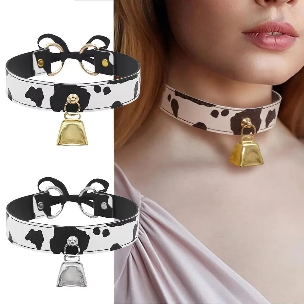 Sexy Leather Choker Necklace Cow Print Adjustable Bell Collar Women Necklace