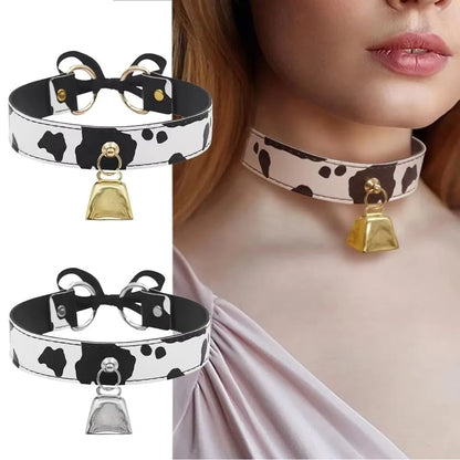 Sexy Leather Choker Necklace Cow Print Adjustable Bell Collar Women Necklace