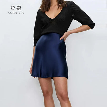 Satin Silk Short Skirt Women's Summer 100% Mulberry Silk Drape Skirt Elastic High Waist Slim Fit Hip Wrap A Word Skirt