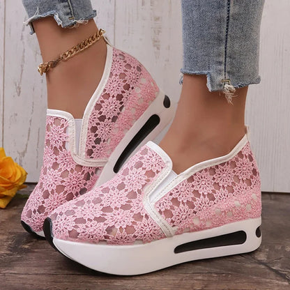Fashion Embroidered Platform Sneakers for Women 2025 Summer Breathable Mesh Sports Shoes Woman Thick Sole Slip On Casual Shoes
