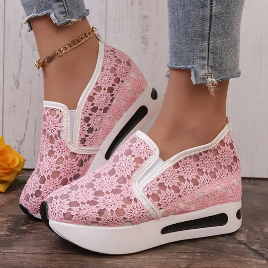 Fashion Embroidered Platform Sneakers for Women 2025 Summer Breathable Mesh Sports Shoes Woman Thick Sole Slip On Casual Shoes