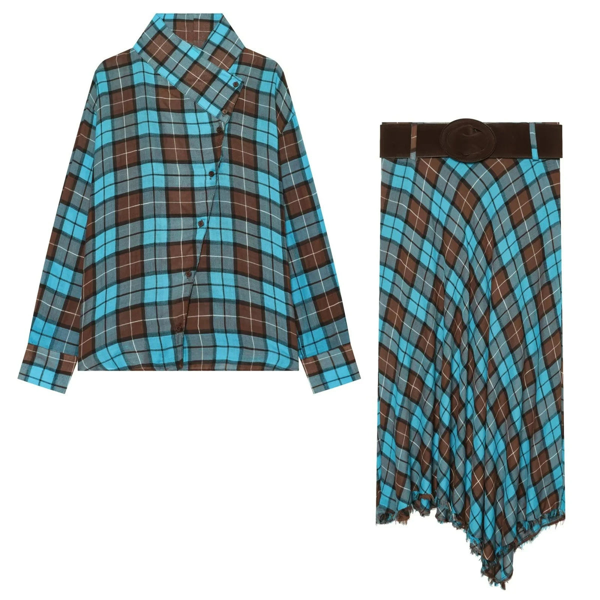 KONDALA Women Elegant Chic Plaid Skirt Set Vintage Casual Button Shirt,Belt Irregular Hem Skirt 2026 Fall Trendy High Street Set