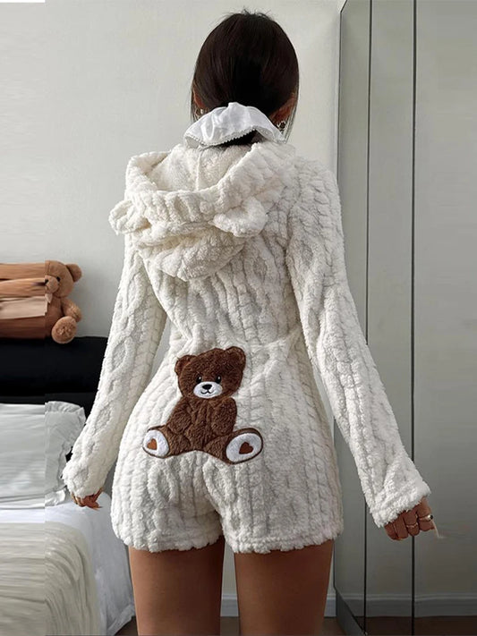 Trendy Cartoon Bear Pattern Warm Jumpsuit Shorts Women Plush Hooded Flannel Loungewear Lady New Autumn Winter Effortless Outfits