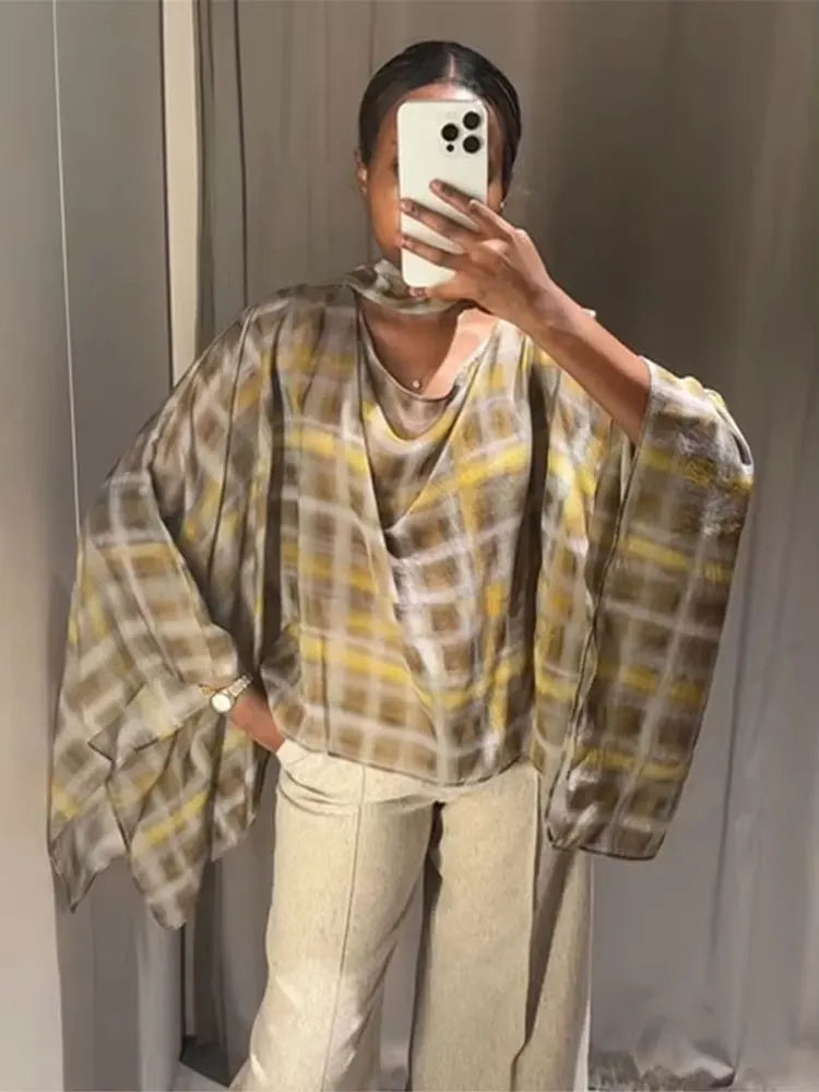 Women's Plaid Cape Top & Asymmetric Skirt Options