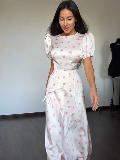 Elegant Printed Satin Skirt Set Women Fashion Round Collar Short Sleeve High Waist Top Skirts Suit Chic 2026 Lady Street Outfit