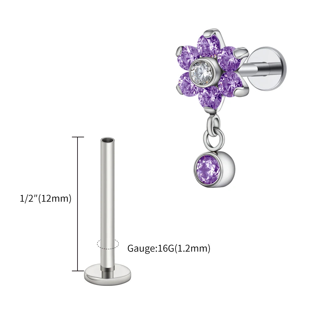 Right Grand ASTM F136 Titanium 16G Flower CZ Drop Dangle Flat Earring Tragus Helix Lobe Stud Piercing Jewelry