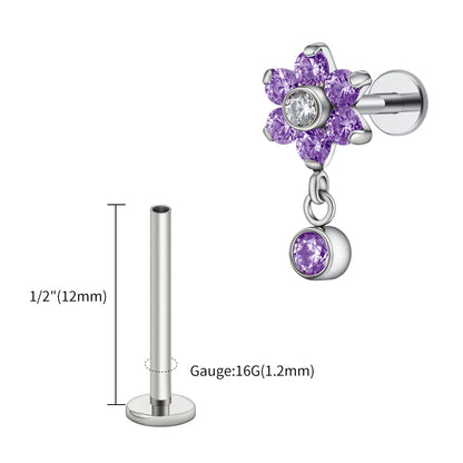 Right Grand ASTM F136 Titanium 16G Flower CZ Drop Dangle Flat Earring Tragus Helix Lobe Stud Piercing Jewelry
