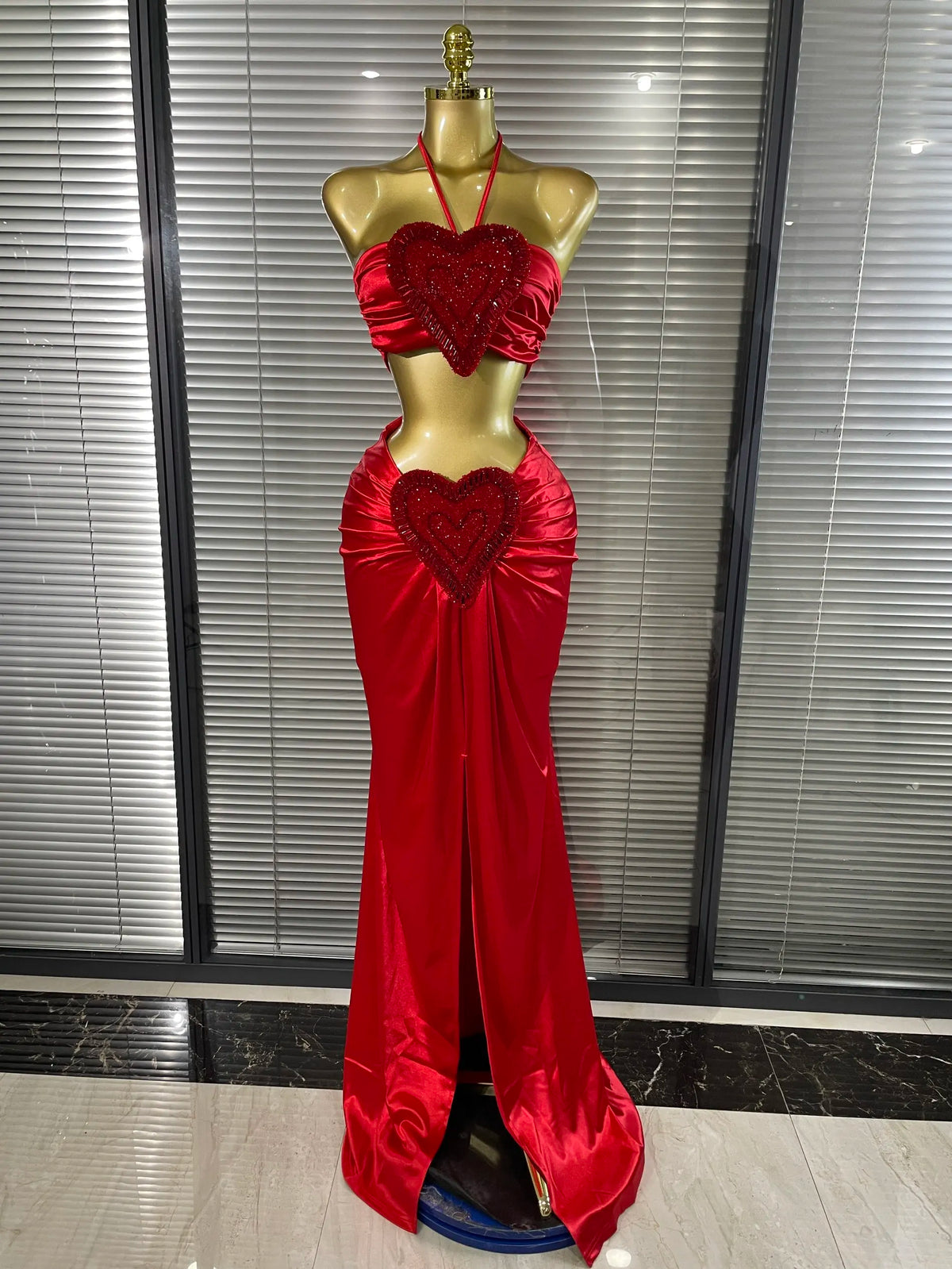Shining Rhinestones Heart Women Sexy Halter 2 Pieces Bodycon Long Maxi Dress Nightclub Party Celebrate Performance Costumes