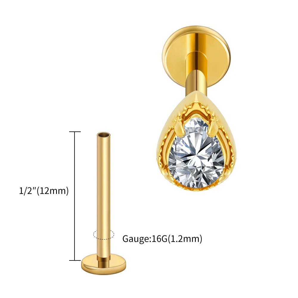 Right Grand ASTM F136 Titanium Teardrop CZ Cartilage Earring Threaded Labret Stud 16G Tiny Pear CZ Helix Conch Earlobe Piercing