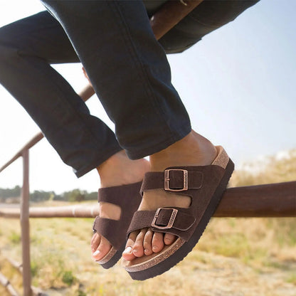 CRACOMIN Platform Suede Sandals for Women With Adjustable Buckle Outdoor Cork Beach Shoes Fashion Thick Sole Women's Slippers