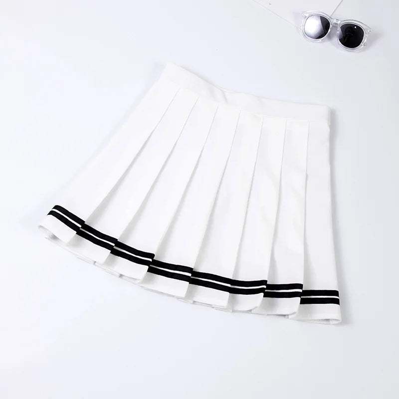 High Waist Elastic Women's Skirts Vintage Korean Style Patchwork Striped Pleated Female Sweet Mini Dance Plaid Skirt