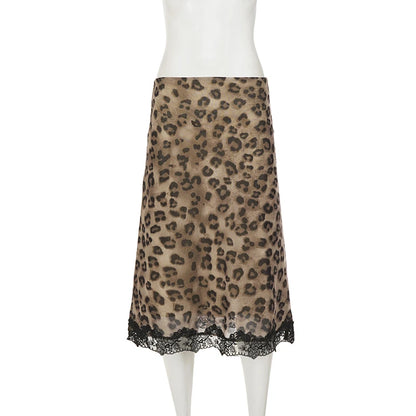 Women’s Leopard Print Midi Skirt Elegant Lace Hem Half Skirt Y2K Vintage Bodycon High Waist Mesh Patchwork Knit Skirt Streetwear