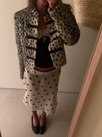 Women Leopard Print Faux Fur Jacket Mandarin Collar Chinese Frog Closure Cropped Vintage Y2K Slim Fit Coat Ladies Outerwear