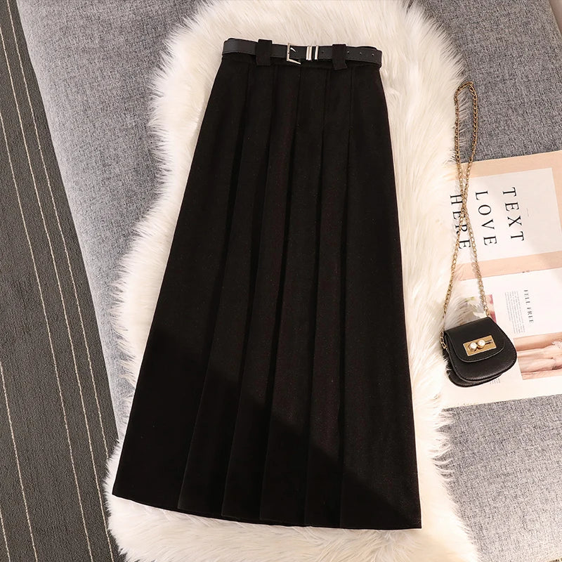 Grey woolen pleated skirt for women in autumn and winter skirt high waisted casual large hemA-line medium length skirt