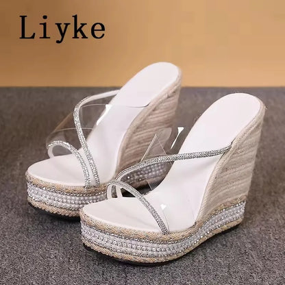Liyke 2026 New Fashion Square Toe Platform Wedge Sandals Crystal Rhinestone Strap Designer High Heels Transparent Shoes Women