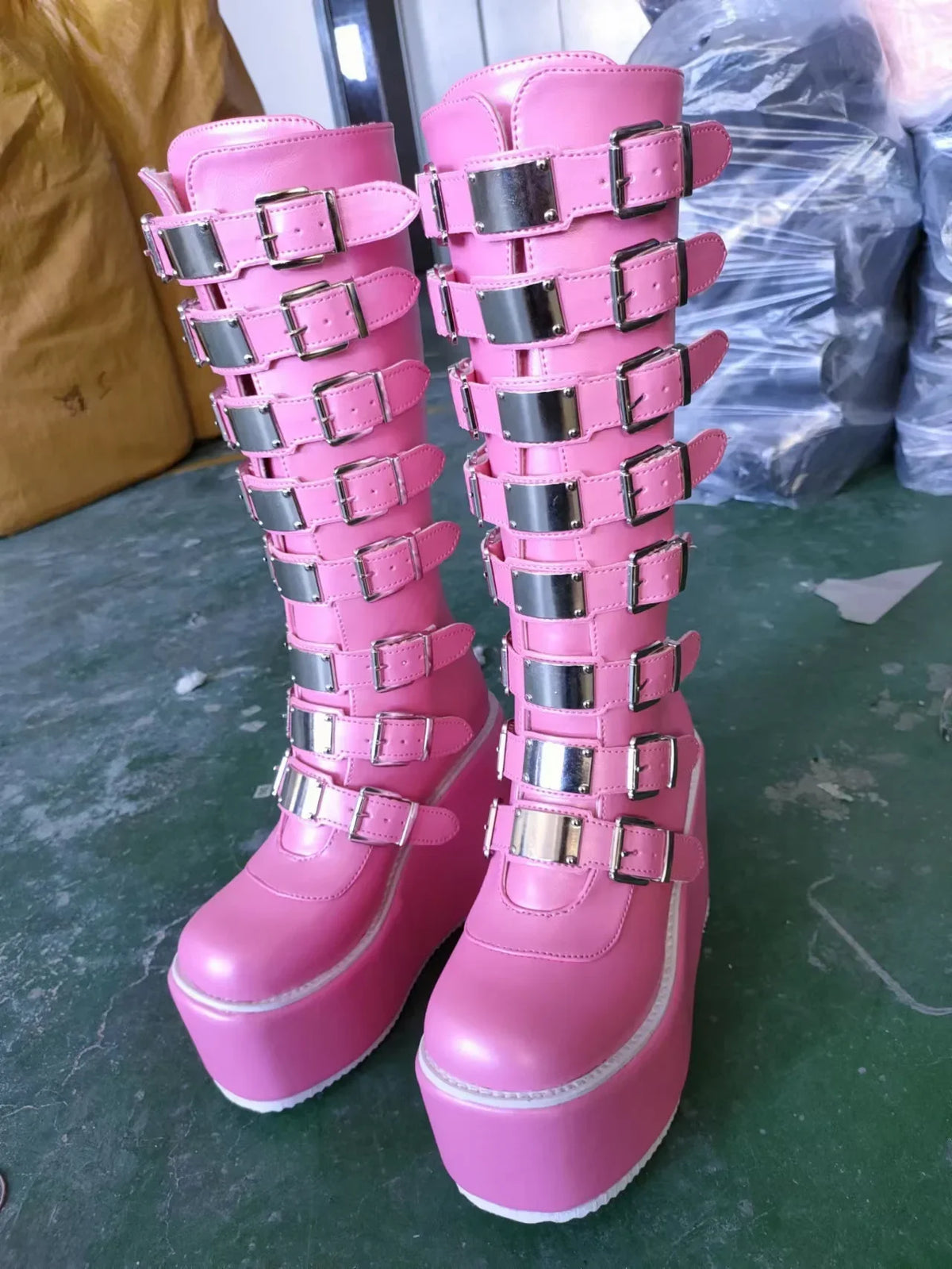 Women's Pink Multi-Buckle Platform Boots