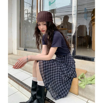 Womens High Waist Plaid Print Double Layer Ruffle Irregular Hem Midi Skirt
