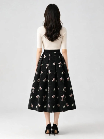 High Quality Autumn Winter Chenille Embroidery Mid-long Puffy Skirt Elegant Vintage Elastic Waist Casual A-line Umbrella Skirts