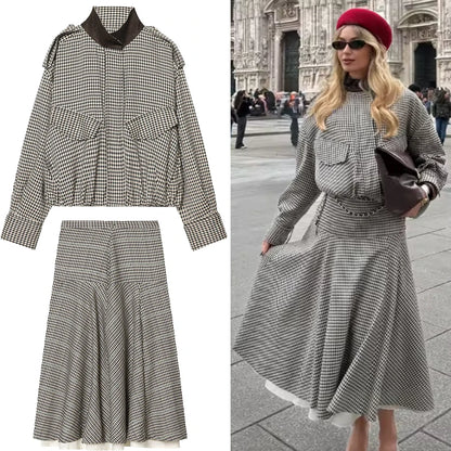 Women Spring Skirt Suit Elegant Women Single Breasted Plaid Pilot Jacket+Side Zipper Splicing Pleated Midi Dress Lady Suit