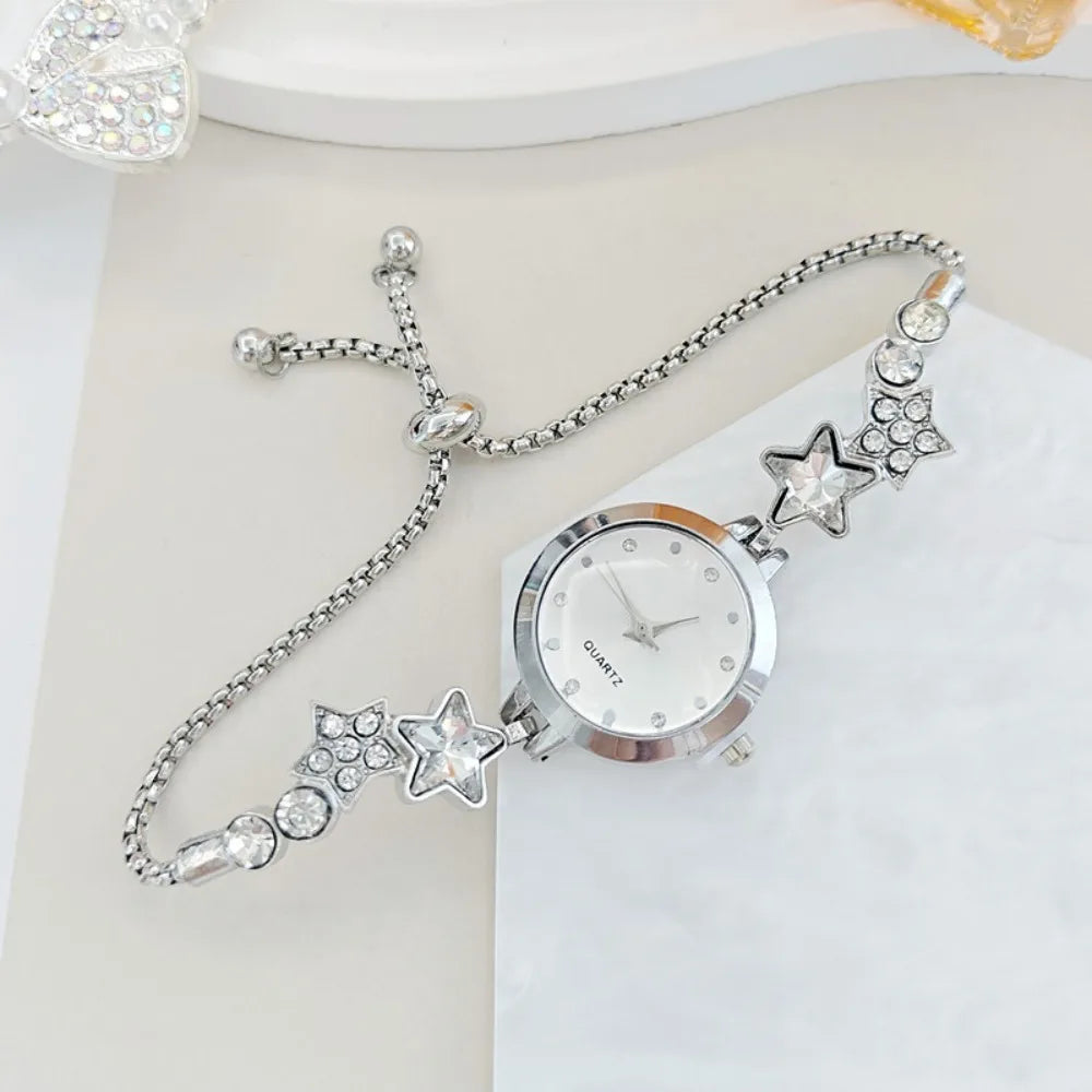 Fashion Adjustable Bracelet Watch Rhinestone Alloy Quartz Watch Star Chain Watch for Women Girls