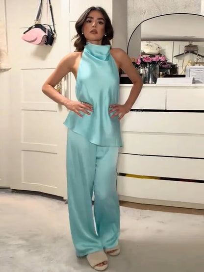 Solid Satin Halter Draped Collar Jumpsuit Backless Sleeveless Loose Top Wide Leg Pants 2026 Summer Autumn Fashion Women Outfits