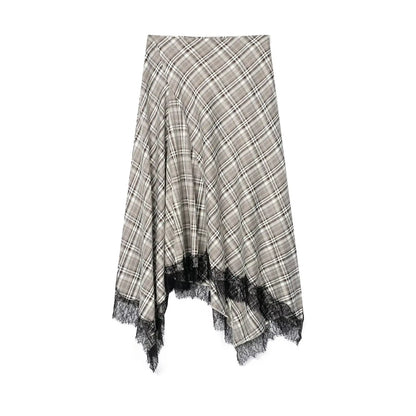 Spring Summer Women's Plaid Asymmetry Skirts Female Vintage  Skirts Chic Lace Splice Midi Skirts Lady Casual Ruched Skirt