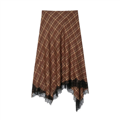 Spring Summer Women's Plaid Asymmetry Skirts Female Vintage  Skirts Chic Lace Splice Midi Skirts Lady Casual Ruched Skirt
