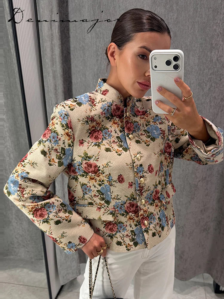 Fashion Flowers Print Coat Women's Stand Collar Single-breasted Full Sleeve Loose Jacket 2026 Autumn New Lady Vintage Streetwear