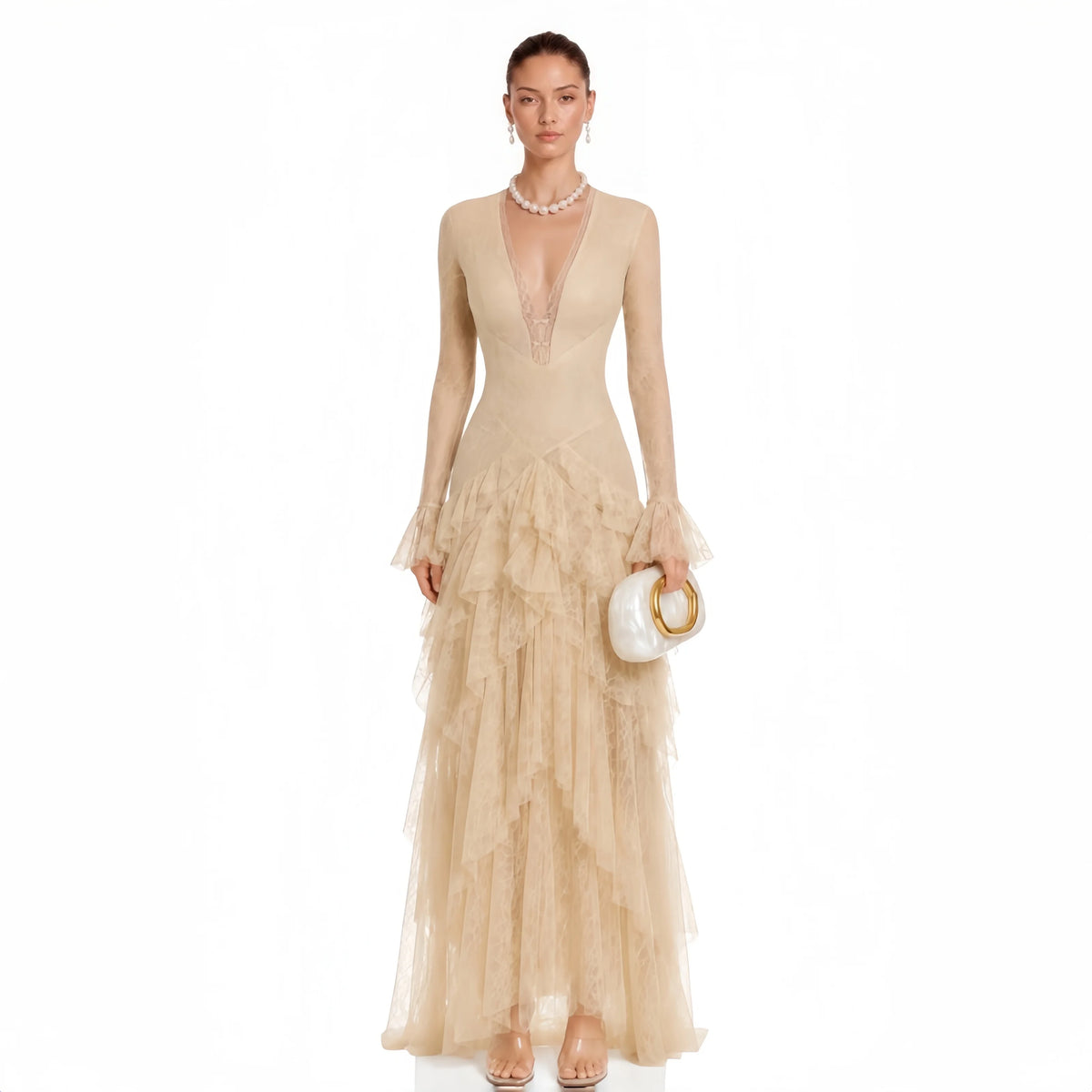 New French Retro Dress With V-Neck Bow Cinched Waist Flared Sleeves Lace Cake Dress Slim Fit Evening Gowns Custom Made