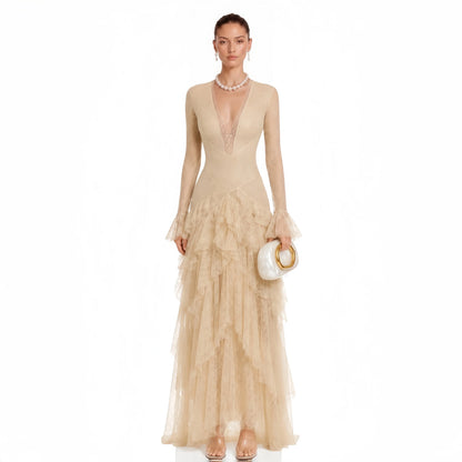 New French Retro Dress With V-Neck Bow Cinched Waist Flared Sleeves Lace Cake Dress Slim Fit Evening Gowns Custom Made