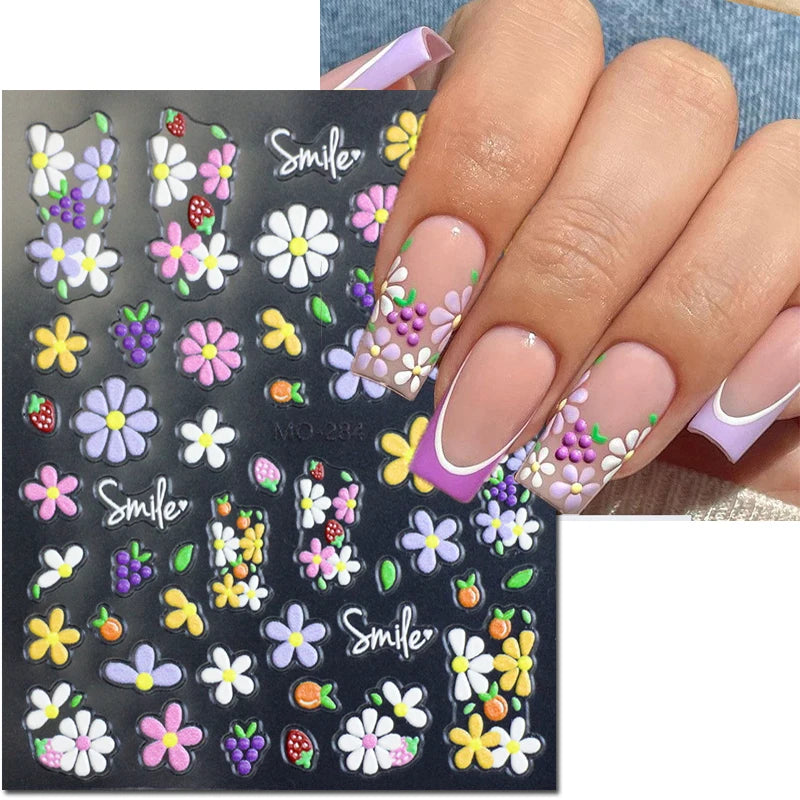 5D Embossed Nail Art Decals Elegant Petals Florals Daisy Flowers Leaves Adhesive Sliders Stickers For Manicure Tips Decoration
