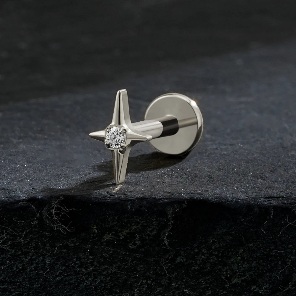 Right Grand ASTM F136 Titanium Four Point Star Flat Back Stud 16G Tiny CZ Cartilage Earring Helix Tragus Nose Piercing Jewelry