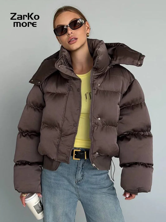 Women's Puffy Cotton Hooded Coats Loose Stand Collar Zipper Pockets Elastic Hem Padded Cropped Coat 2026 Winter Lady Jacket New