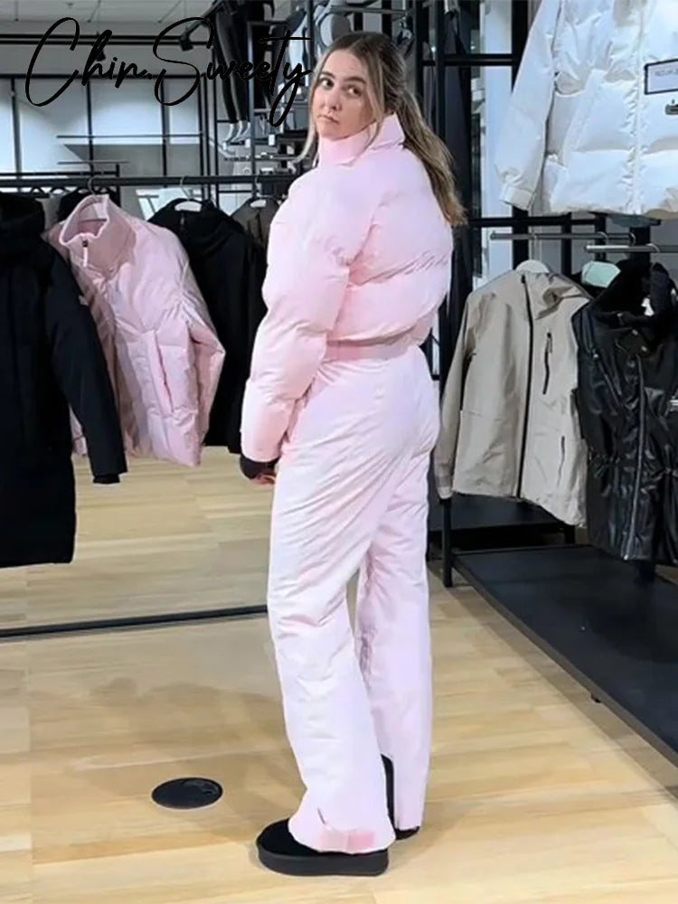 Casual Thicken Women's Ski Jumpsuits Stand Collar Full Sleeve Zippers High Waist Lady Rompers 2025 Winter Female Skiwear New