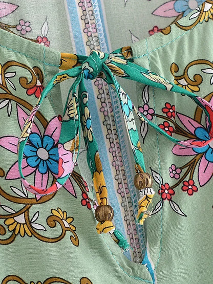 Vintage Chic Women Green Floral Printed V-neck Lace-up Bohemian Blouse Shirts Long Sleeve Tassel Rayon Tops Boho Shirt Blusas