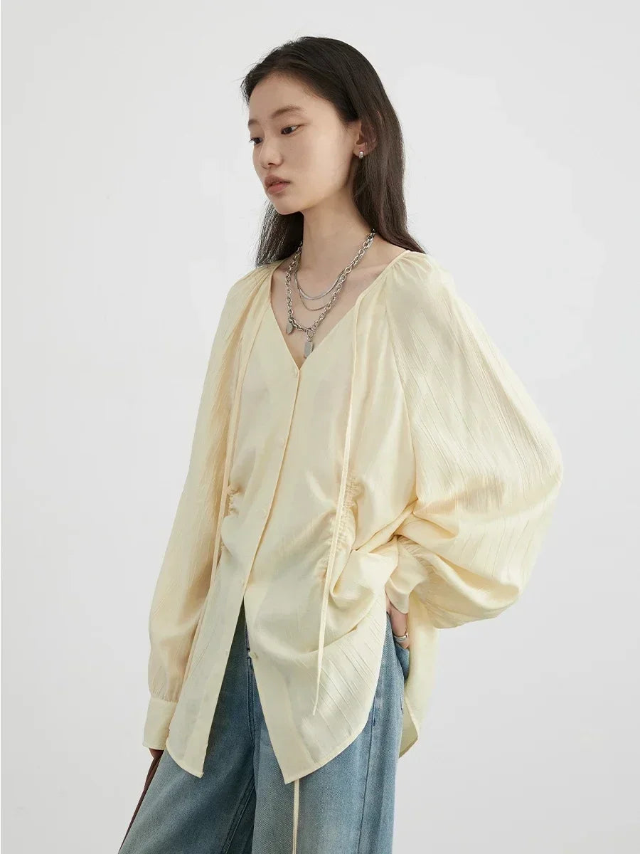 CHIC VEN Women Loose Lace Up Shirt Solid New Korean V-neck Pleated Raglan Long Sleeved Blouses Female Tops Spring Summer 2026
