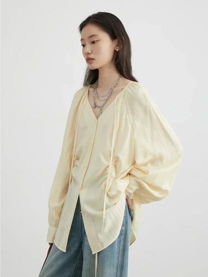 CHIC VEN Women Loose Lace Up Shirt Solid New Korean V-neck Pleated Raglan Long Sleeved Blouses Female Tops Spring Summer 2026