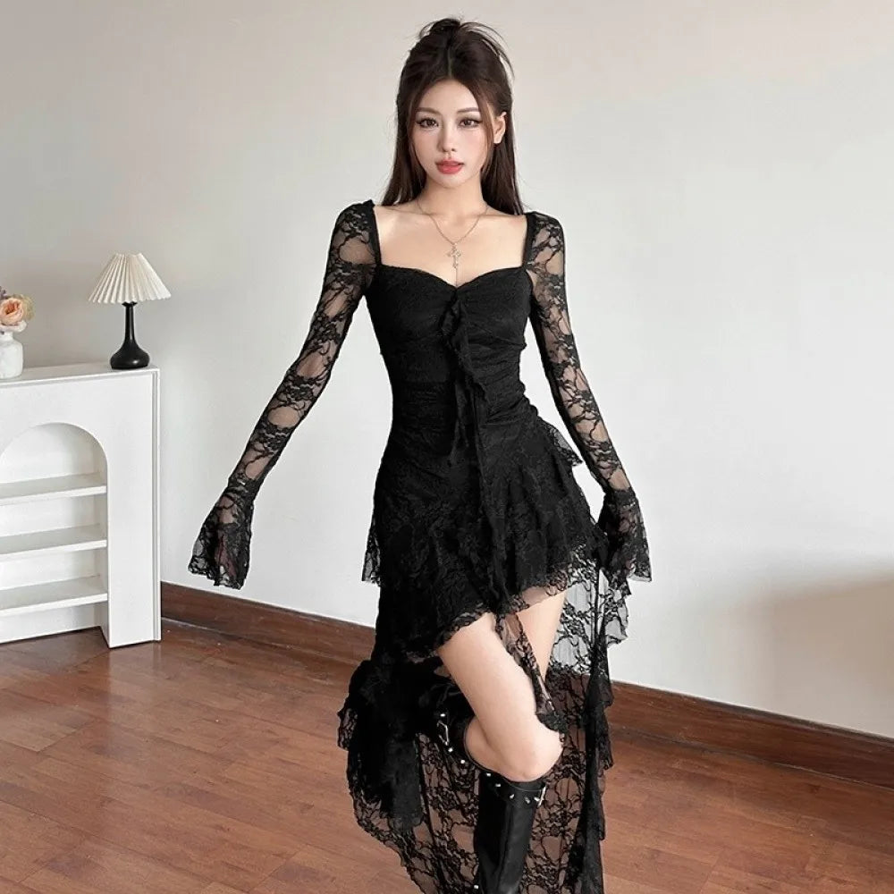 SylCue Mesh Patchwork Long Dresses Women Autumn New Style Square Collar Flared Sleeve Ruffle Ribbon Street Sexy Fashion Vestidos