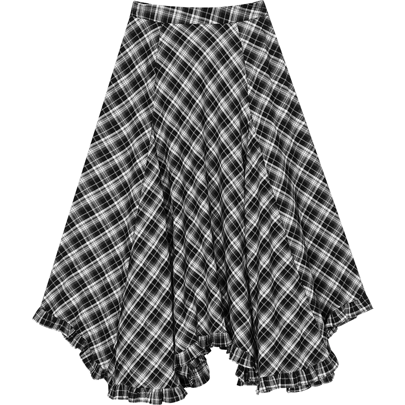 ELFSACK 2025 Autumn New Arrivals Casual Asymmetric Plaid Midi Skirt Irregular Design Long Skirt For Woman