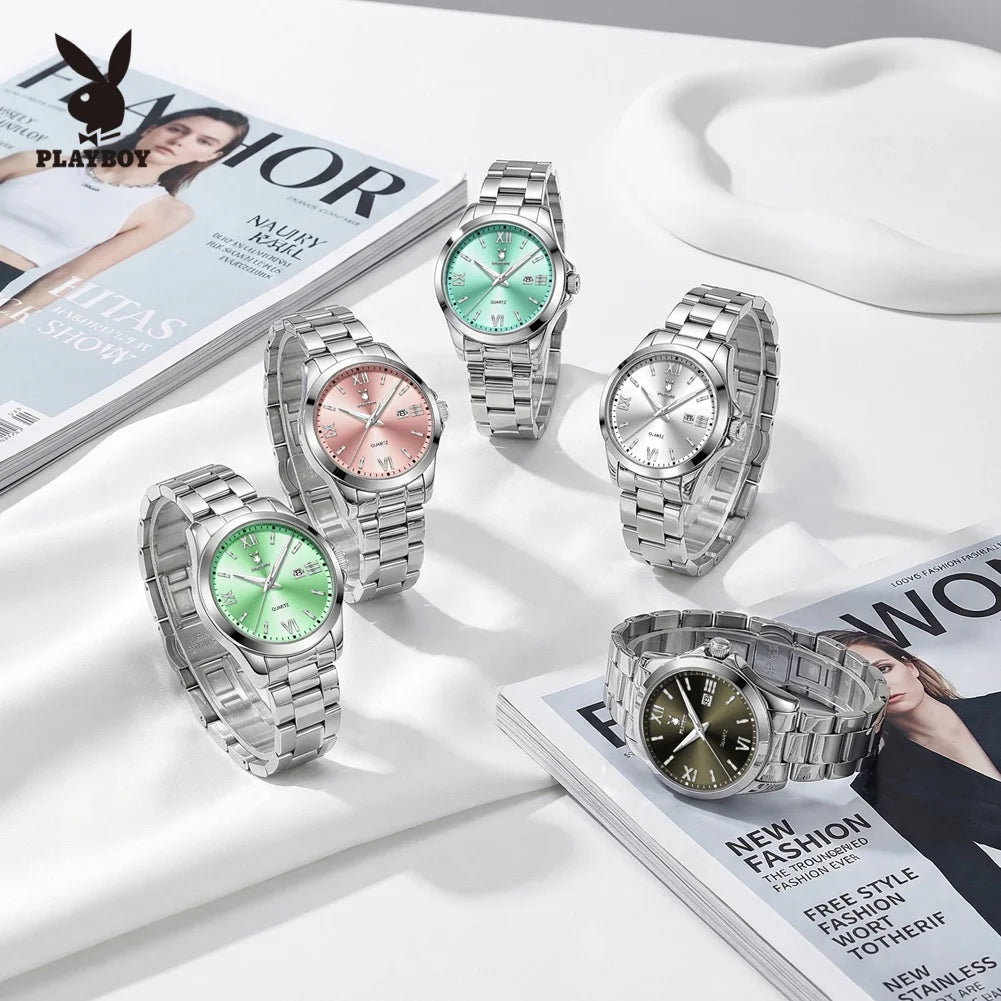 PLAYBOY  Ladies Watch Elegant Original Quartz Watches for Women Waterproof Luminous Stainless Steel Luxury Date Wristwatch 3535