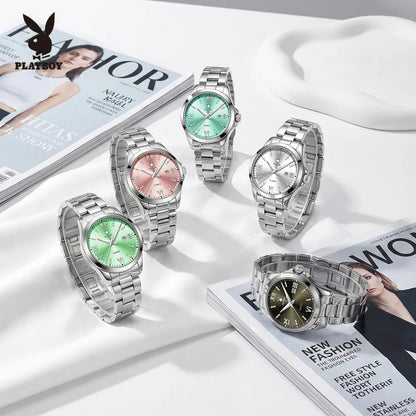PLAYBOY  Ladies Watch Elegant Original Quartz Watches for Women Waterproof Luminous Stainless Steel Luxury Date Wristwatch 3535