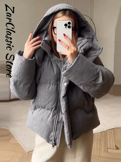 Fashion Women's Winter Jacket Casual Solid Hooded Full Sleeve Zip-up Loose Padded Coats New Street Chic Warm Outwear 2026
