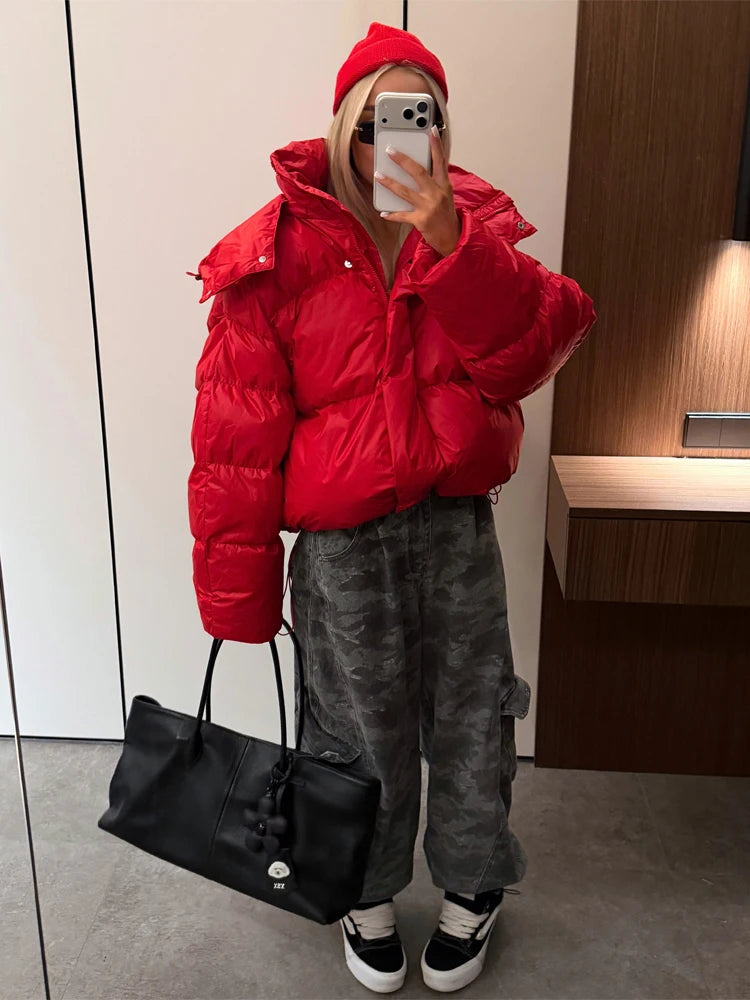 Women Bright Red Hooded Puffer Jacket Oversized Collar Horizontal Quilted Thick Padded Cropped Coat Warm Outerwear Winter Coats