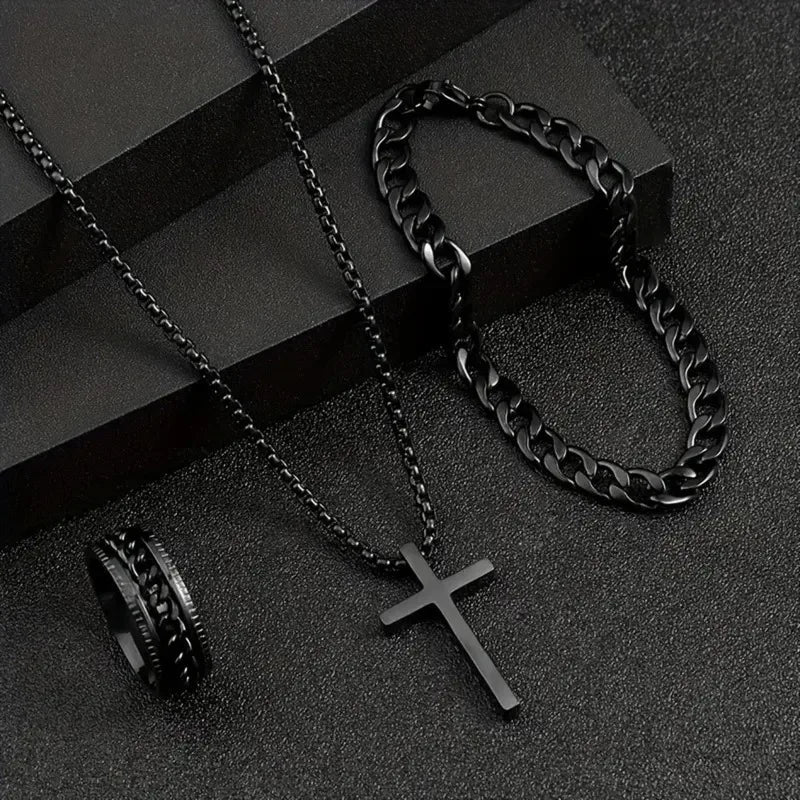 Hip Hop Fashion Cross Pendant Necklace Bracelet Chain Ring Men's Set Simple Personality Party Three Piece Jewelry Accessories