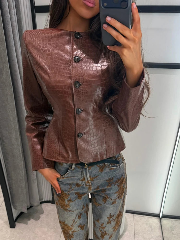 Croc Embossed Faux Leather Jacket Round Neck Button Front Long Sleeve 2026 Autumn Women Chic Date Outfit Street Trendy Outerwear