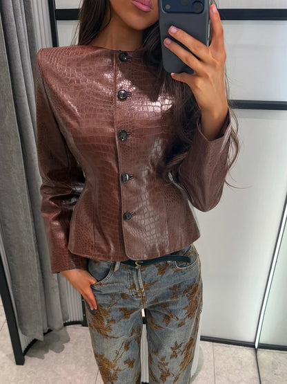 Croc Embossed Faux Leather Jacket Round Neck Button Front Long Sleeve 2026 Autumn Women Chic Date Outfit Street Trendy Outerwear