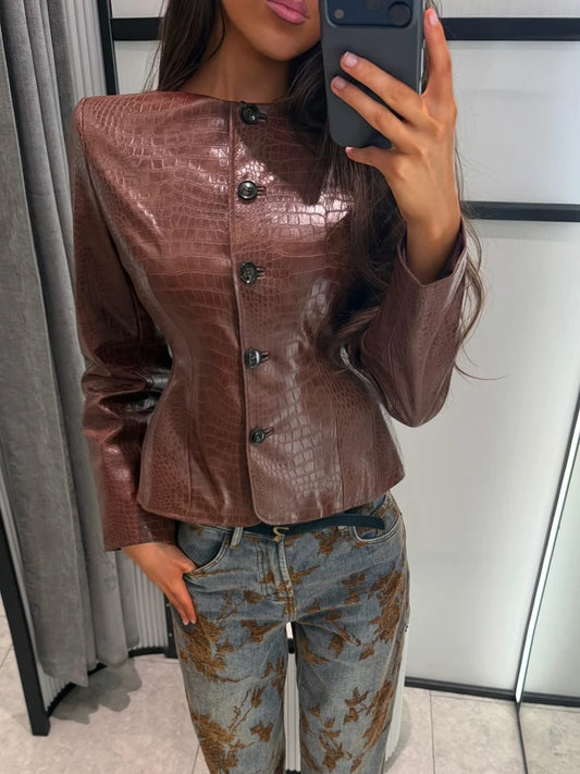 Croc Embossed Faux Leather Jacket Round Neck Button Front Long Sleeve 2026 Autumn Women Chic Date Outfit Street Trendy Outerwear