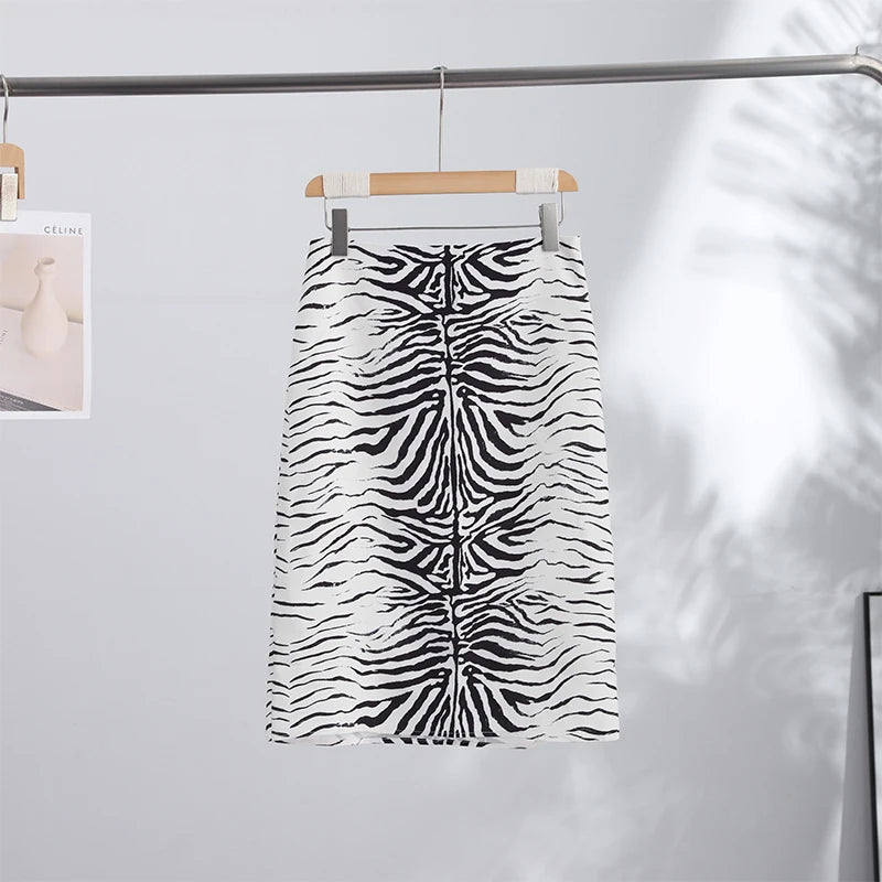 Zebra Striped Printing Midi Skirts Women High Waist Straight Skirt Female 2026 Autumn New Chic Fashion Casual Street Lady Outfit